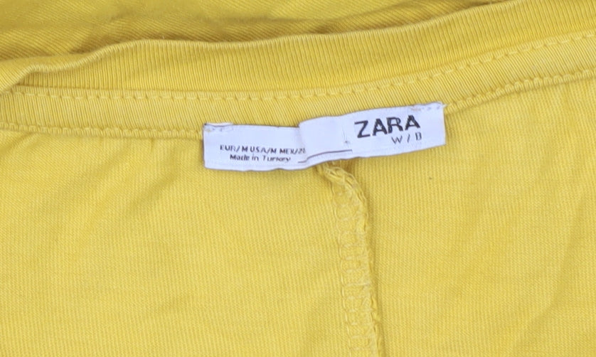 Zara Women Yellow Cotton Button Accent T-Shirt Size M