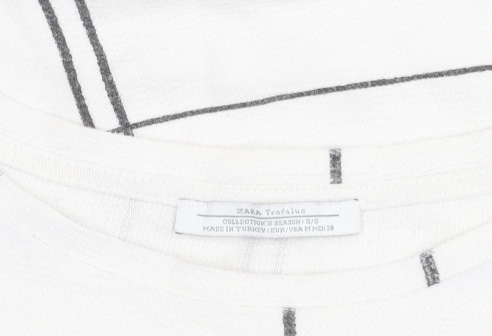 Zara Women White Check T-Shirt Size 12 Short Sleeve Cotton