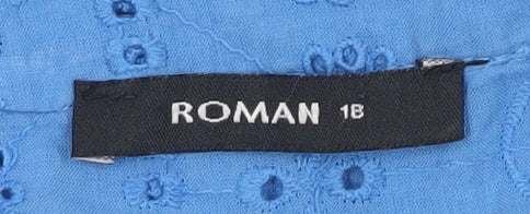 Roman Women Blue Cotton Cropped Blouse Size 18 V-Neck Short Sleeve