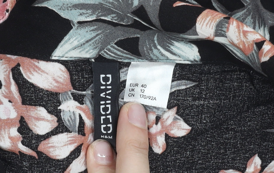 H&M Divided Women’s Black Floral Cropped Button-Up Shirt Size 12