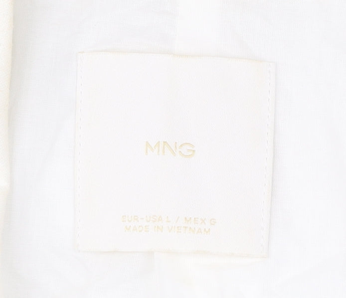 MNG Women’s White Linen Blend Blazer L Mid-Length Work Jacket