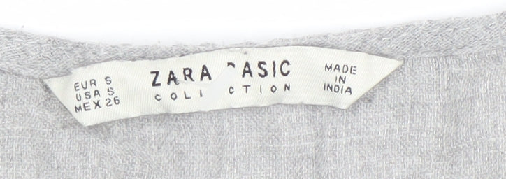 Zara Women Grey Linen Embroidered Blouse Top Size S V-Neck Long Sleeve