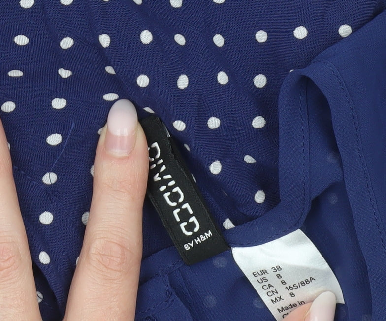H&M Women Blue Polka Dot Skater Dress Size 10 Short Sleeve Retro