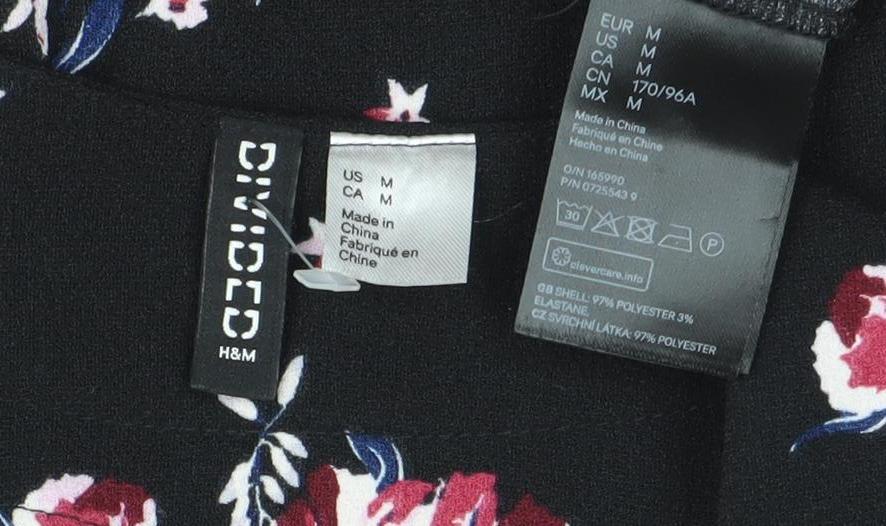 H&M Divided Womens Black Floral Kimono Blouse Size M Tie Belt Long Sleeve