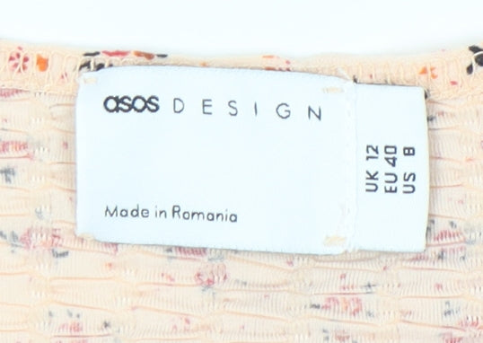 ASOS Design Womens Beige Floral Smocked Short Shift Dress UK 12