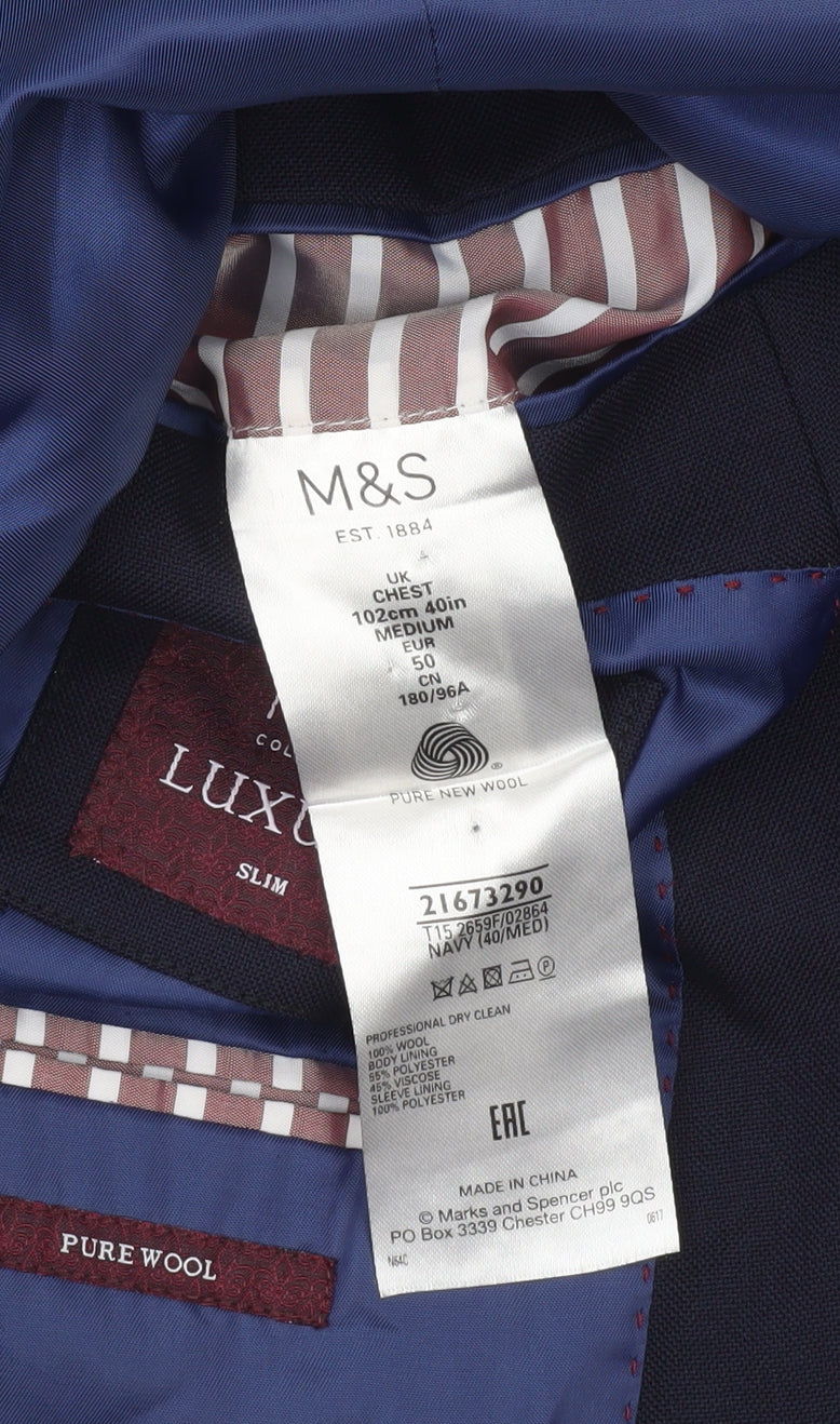 Marks & Spencer Mens Blue Slim Fit Wool Blazer Jacket 40 M