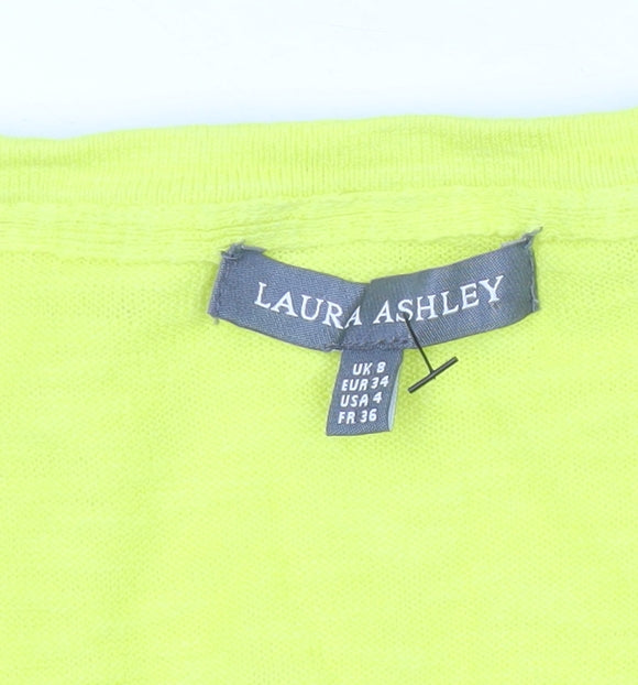 Laura Ashley Womens Yellow Cardigan UK 8 V-Neck Linen Cotton 3/4 Sleeve