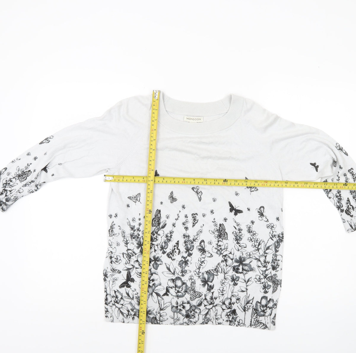 Monsoon Womens White Floral Butterfly Jumper Size 14 Crew Neck 3/4 Sleeve