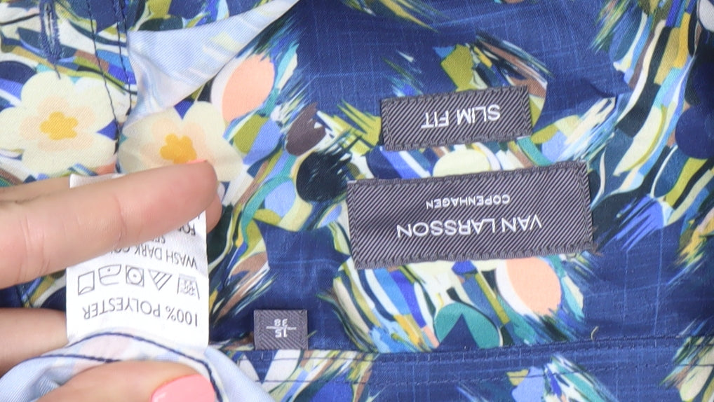 Van Larsson Men's Blue Floral Slim Fit Long Sleeve Button-Up Shirt Size 15