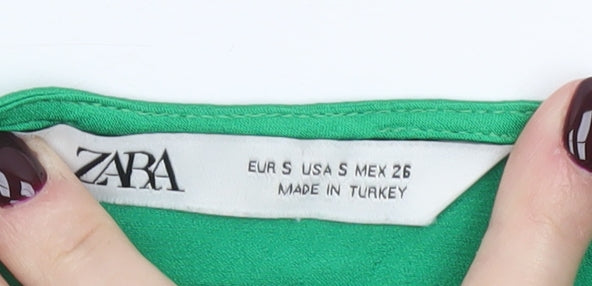 Zara Women Green Wrap Blouse Size S Viscose Long Puff Sleeve