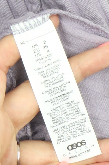 Brand and care label for ASOS DESIGN Women’s Purple Long Sleeve Slim Fit Crew Neck Top, size UK 8