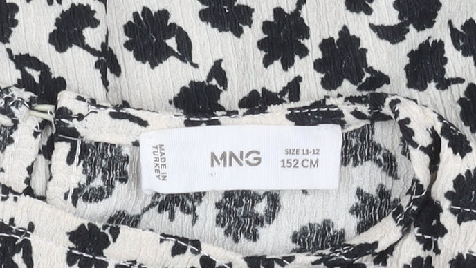 Mango Girls Black White Floral Ruffle Long Sleeve Blouse 11-12Y