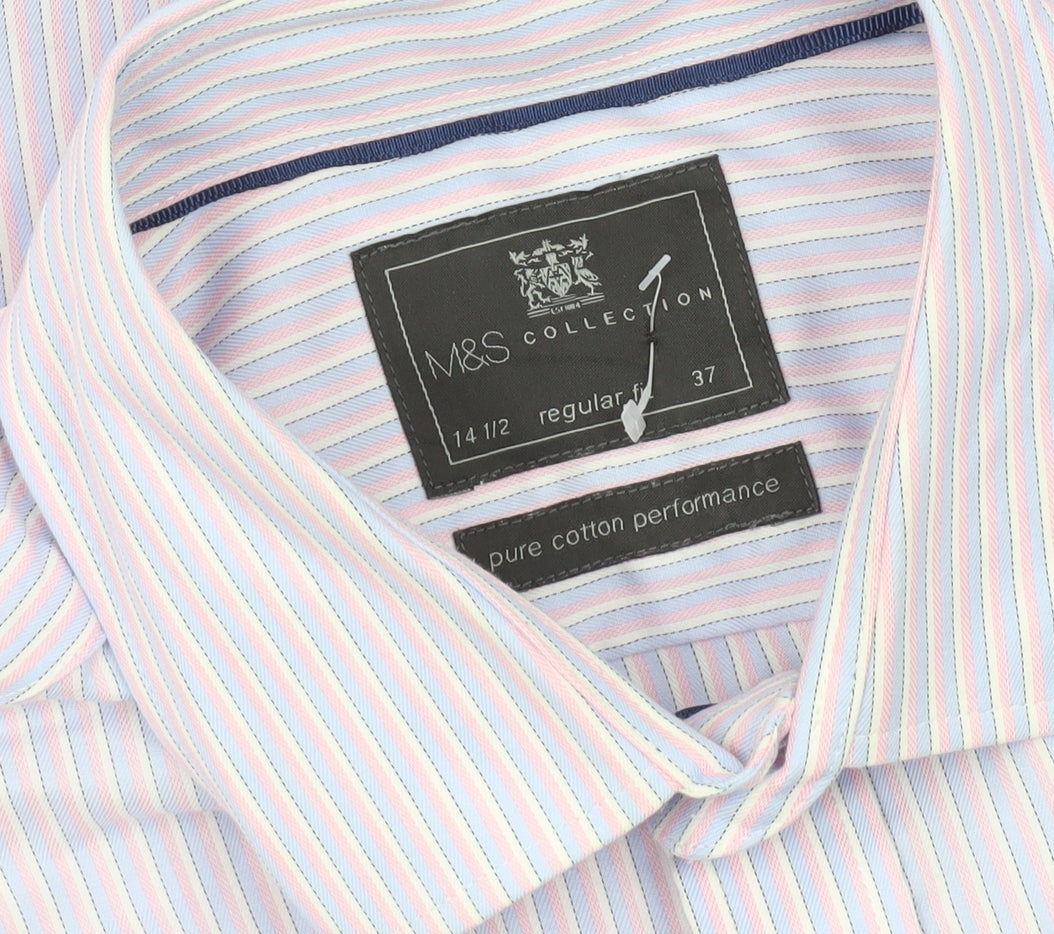 Marks & Spencer Men's Multicoloured 14.5 Regular Fit Striped Button-Up Shirt