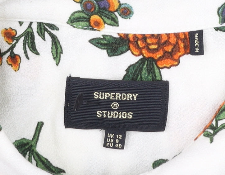 Superdry Womens White Floral Button-Up Shirt UK 12 Long Sleeve