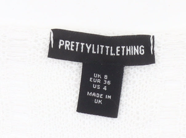 PRETTYLITTLETHING Women White Size 8 Cropped Knit Long Sleeve Top