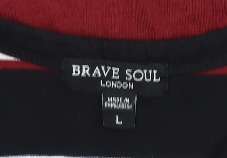 Brave Soul Men’s Multicoloured Striped Crew Neck Cotton T-Shirt L Regular Fit