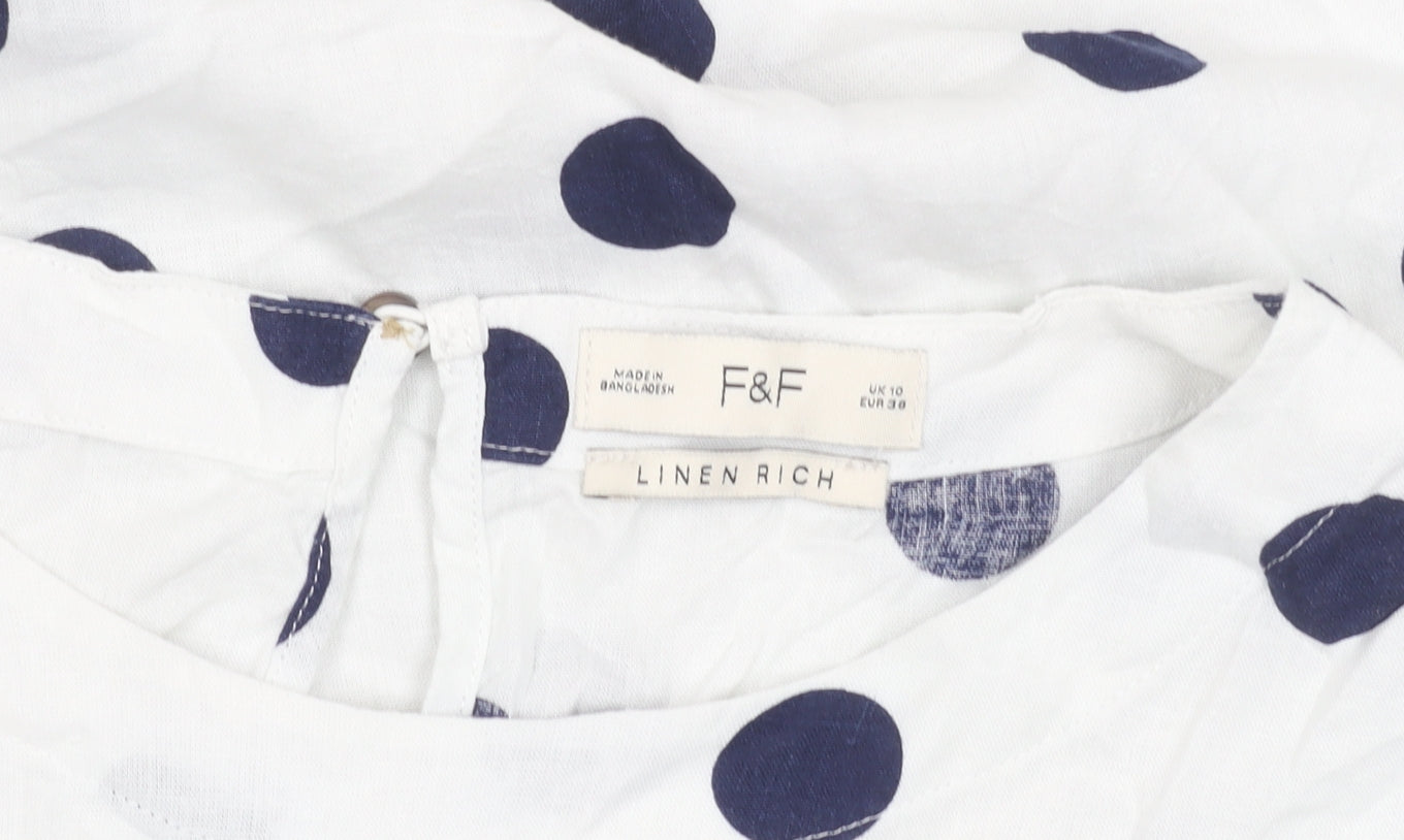 F&F Women’s White Polka Dot Linen Blend Short Sleeve Blouse UK 10