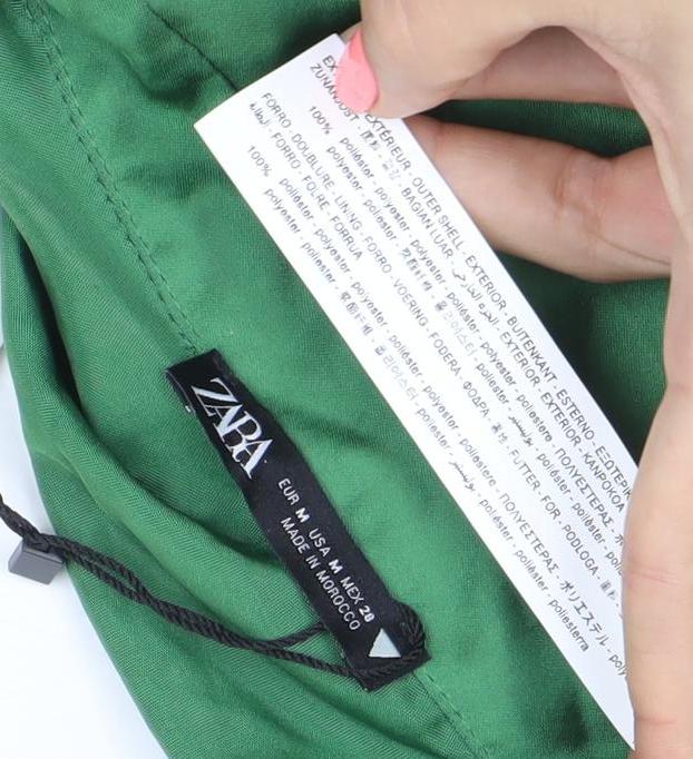 Zara Women Green Satin Wrap Mini Dress Size 12 Collared Long Sleeve Party