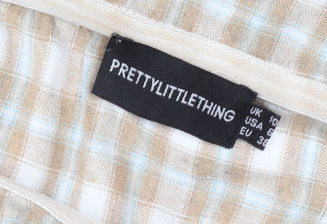 PRETTYLITTLETHING Women’s Beige Check Off Shoulder Cropped Blouse Size 10