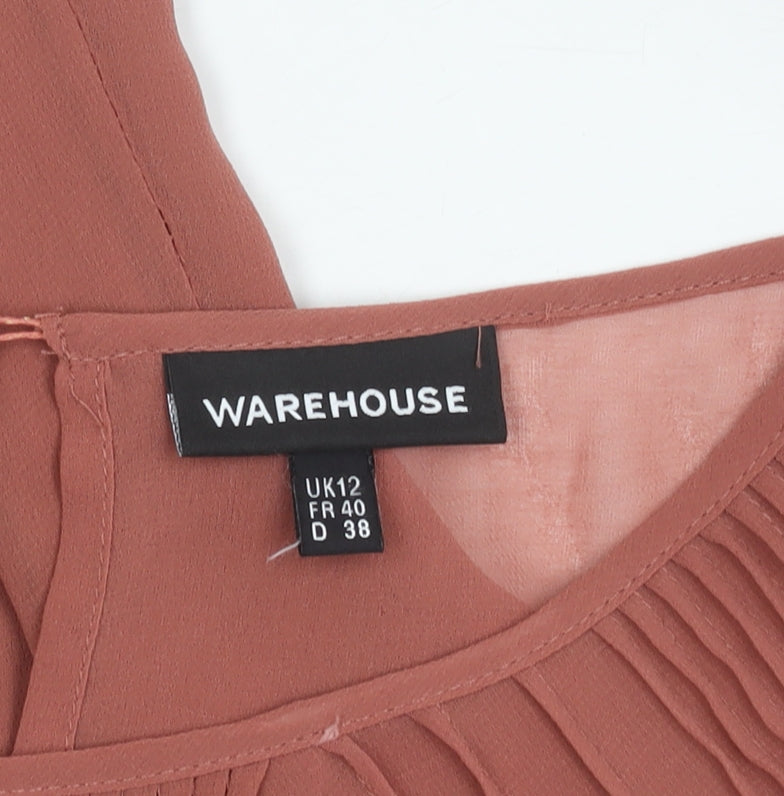Warehouse Women’s Brown Shift Dress Size 12 Puff Sleeve Pleated