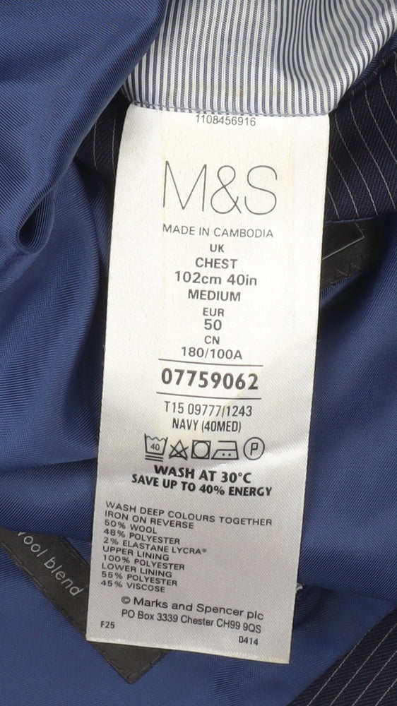 Marks & Spencer Men’s Blue Pinstripe Wool Blend Blazer Jacket 40 Chest