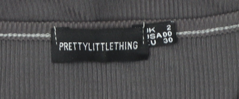 PRETTYLITTLETHING Women’s Grey Bodycon Knee Dress Size 2 Ruched V-Neck