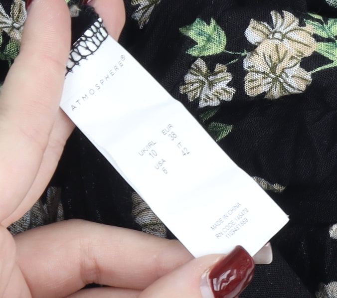 Brand and care label for Atmosphere Women Black Floral Shift Dress, size 10, V-Neck Short Sleeve