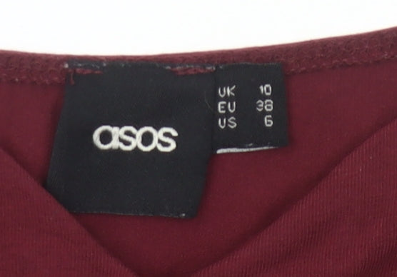 Brand and care label for ASOS women’s red cropped scoop neck slim fit t-shirt uk 10