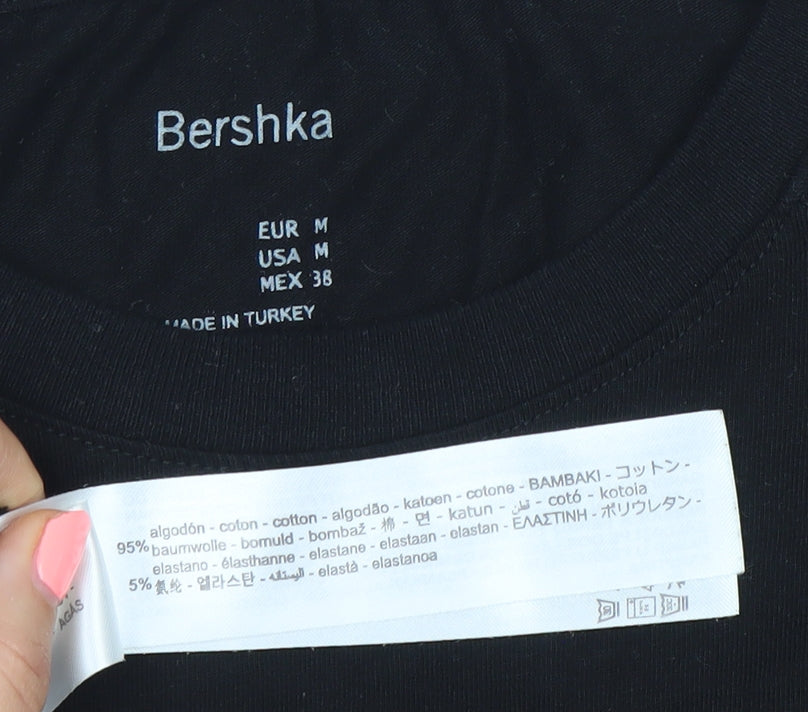 Bershka Mens Black M Graphic Logo Cotton T-Shirt Regular Fit