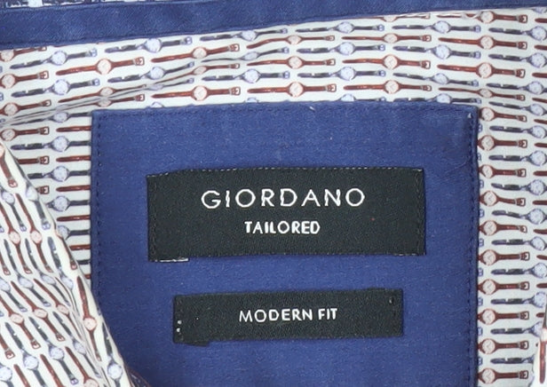 Giordano Men’s White Geometric Print XL Long Sleeve Cotton Shirt