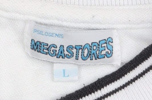 Megastores Men White L V-Neck Cyprus Logo T-Shirt Short Sleeve