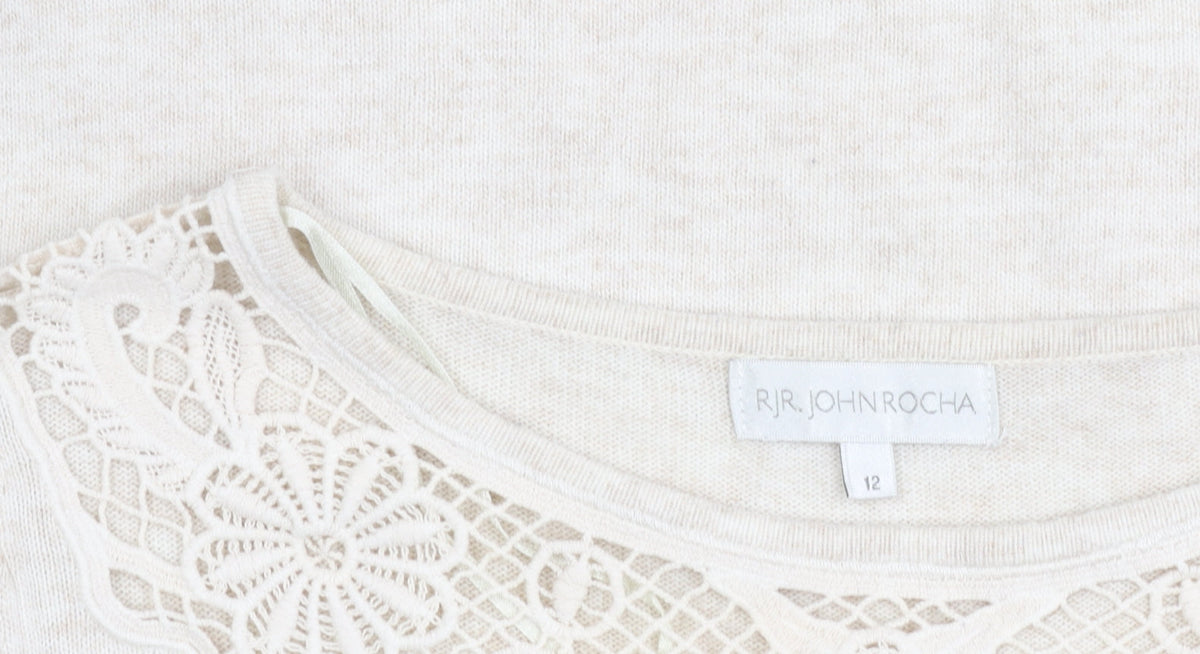 RJR.John Rocha Women Beige Crochet Lace Knit Long Sleeve Blouse Size 12