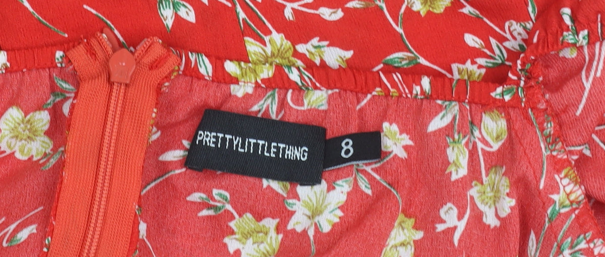 PRETTYLITTLETHING Women's Red Floral Off Shoulder Bodycon Dress Size 8