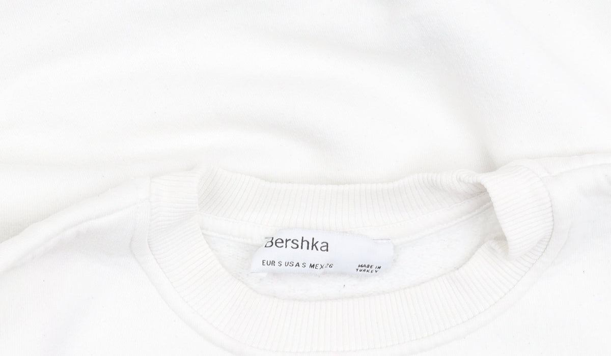 Bershka Women White Pullover Sweatshirt S Crew Neck Graphic Print 'Feeling Cool'