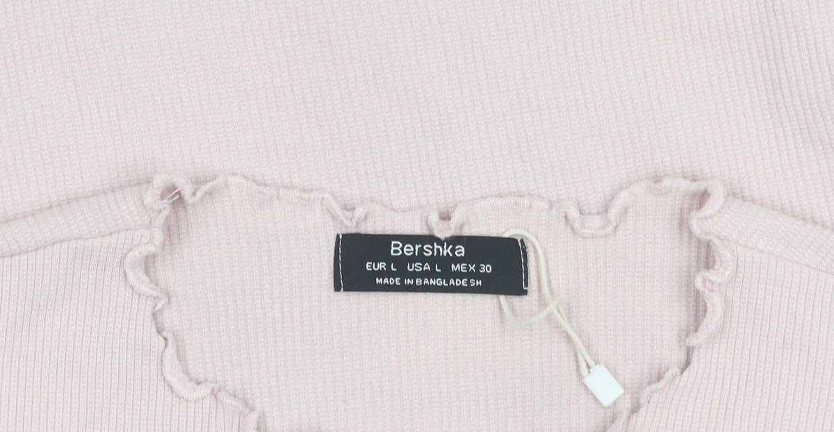 Bershka Women's Pink Ruffle Hem Slim Fit Cotton T-Shirt Size L