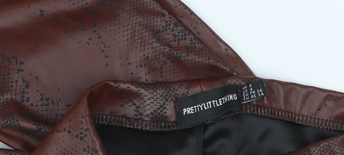 PrettyLittleThing Women’s Brown Snake Print Faux Leather Flared Leggings Size 8