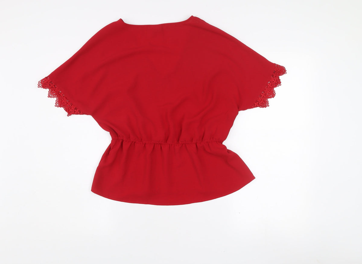 VILA Women’s Red V-Neck Crochet Sleeve Tunic Blouse Size 10