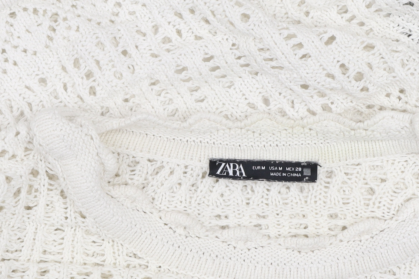 Zara Women White Open Knit Cotton Bell Sleeve Jumper M