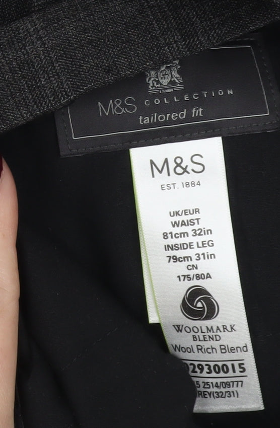 Marks & Spencer Men's Grey Check Wool Blend Dress Trousers 32W 31L