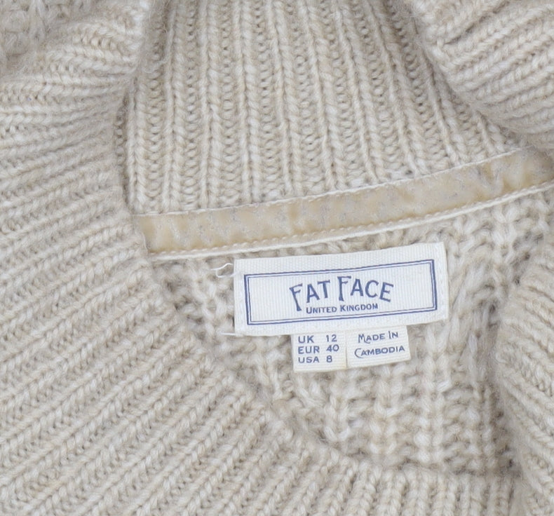 FatFace Women’s Beige Cable-Knit Mock Neck Wool Blend Jumper Size 12