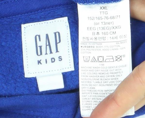 Gap Kids Boys Blue Pullover Hoodie Size XXL 160cm Cotton Graphic Print