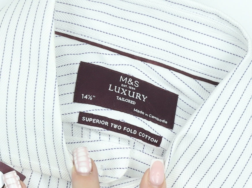 Marks & Spencer Men's White Striped 14.5 Tailored Cotton Shirt