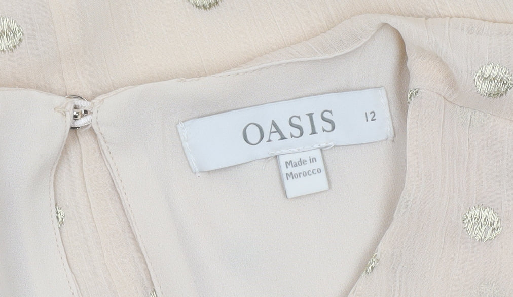 Oasis Women Beige Polka Dot Ruffle Chiffon Blouse Size 12