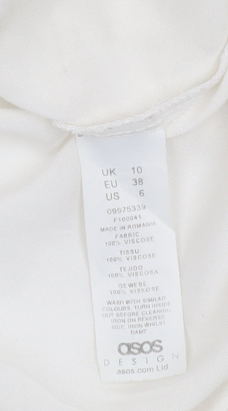 Brand and care label for ASOS Women’s White Viscose Long Sleeve Button-Up Shirt, size UK 10