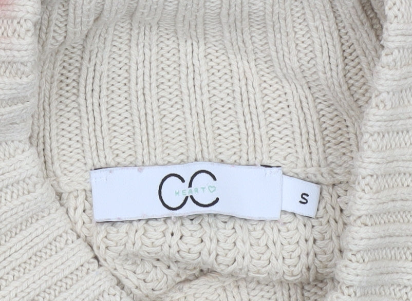 Country Casuals Heart Women’s Beige Roll Neck Striped Chunky Knit Jumper Size S