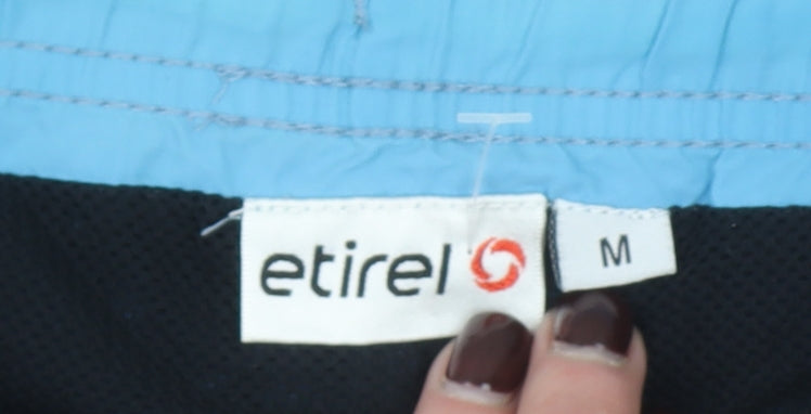 Brand and care label for Etirel Men Blue M Swim Shorts Elastic Waist Quick Dry Lined