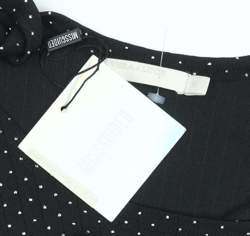 Vera & Lucy Women Black Polka Dot Bodycon Dress M