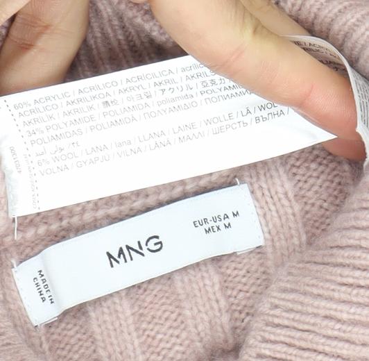 Mango Women's Pink Beaded Mock Neck Ribbed Knit Jumper Size M