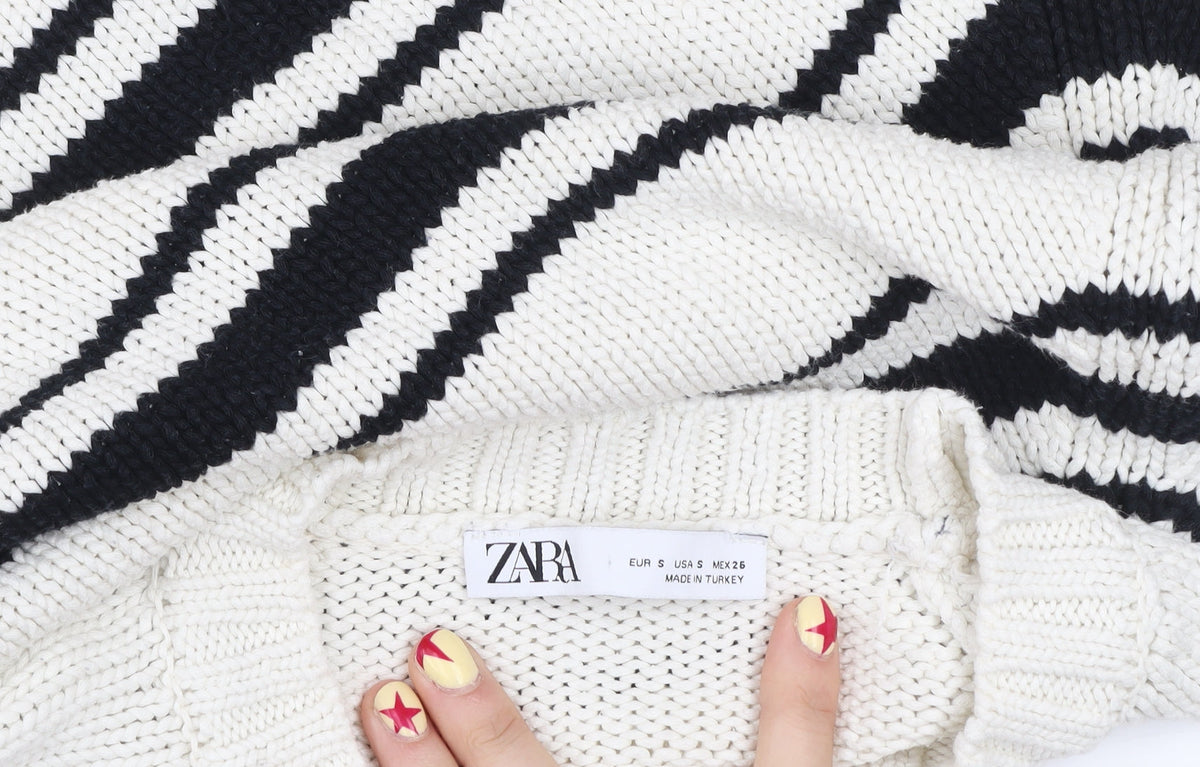 Zara Womens White Black Striped Cotton Knit Jumper Size S