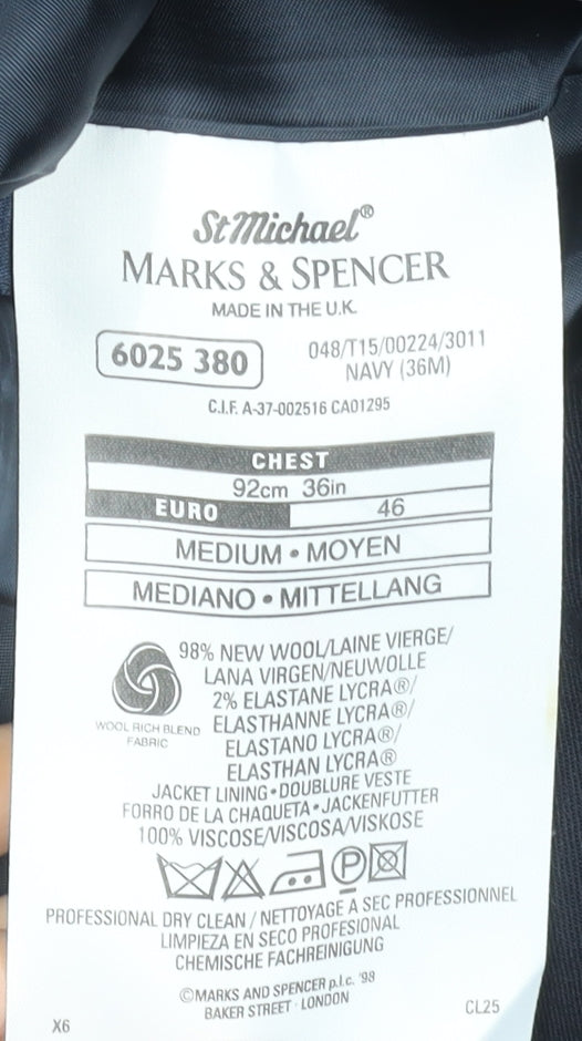 Marks & Spencer Men Blue 36 Regular Wool Single-Breasted Blazer